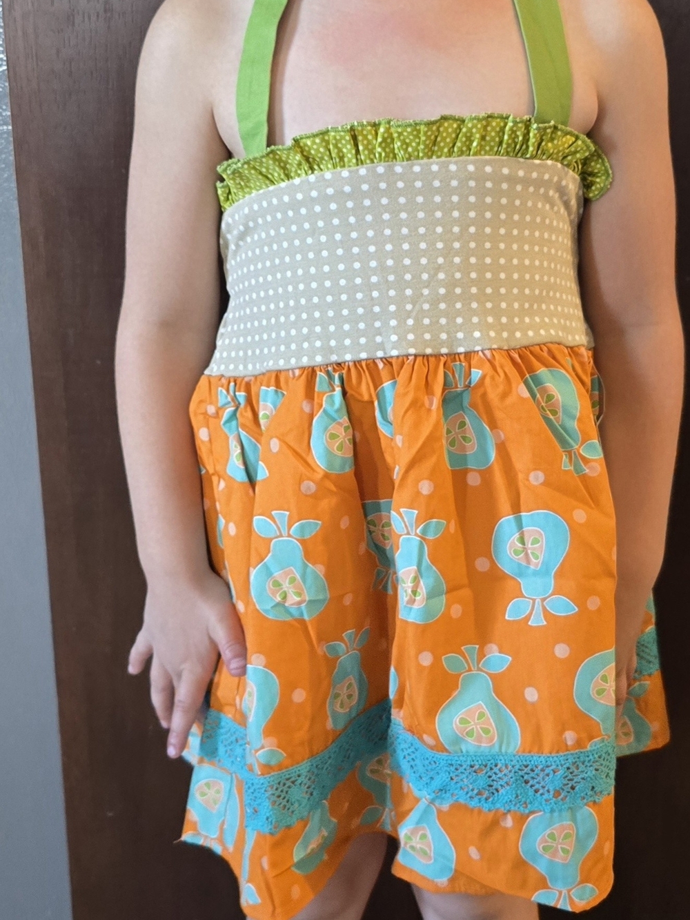 Persnickety Orange & Aqua Pear Halter Sundress
